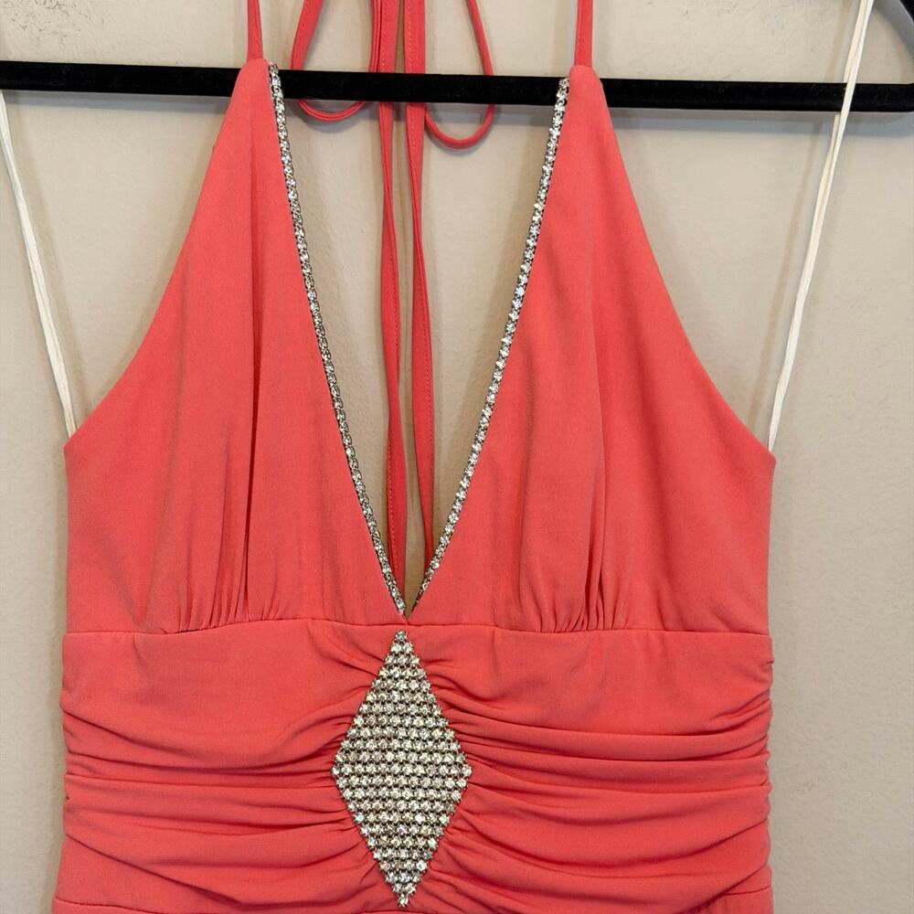 Bari Jay Halter Gown s Coral Pink Rhinestone Prom Cocktail Evening Elegant Party - Picture 4 of 9